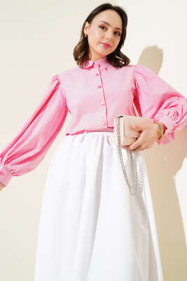 Pazarium - Balon Kol Kısa Gömlek Fuşya