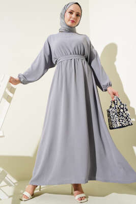 Pazarium - Bel Lastikli Kuşaklı Ayrobin Elbise Gri