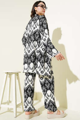 Etnik Desenli Bürümcük Kimono İkili Takım Siyah - Thumbnail