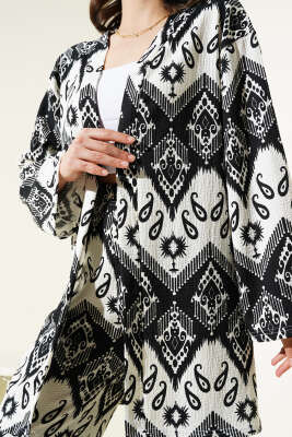 Etnik Desenli Bürümcük Kimono İkili Takım Siyah - Thumbnail