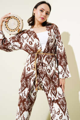Etnik Desenli Bürümcük Kimono İkili Takım Kahve - Thumbnail
