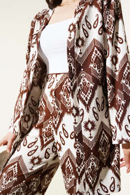 Etnik Desenli Bürümcük Kimono İkili Takım Kahve - Thumbnail