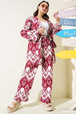 Etnik Desenli Bürümcük Kimono İkili Takım Bordo - Thumbnail