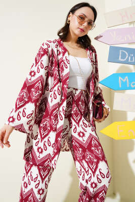 Etnik Desenli Bürümcük Kimono İkili Takım Bordo - Thumbnail