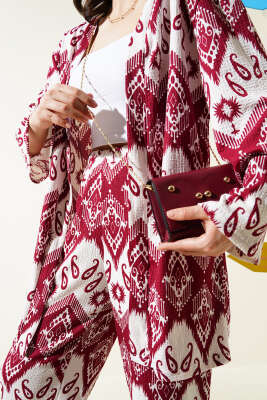Etnik Desenli Bürümcük Kimono İkili Takım Bordo - Thumbnail
