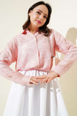 Pazarium - Püskül Çiçek Desen Transparan Gömlek Pudra