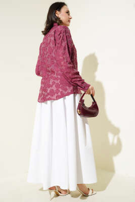 Püskül Çiçek Desen Transparan Gömlek Mürdüm - Thumbnail