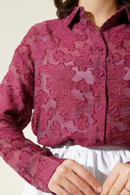 Püskül Çiçek Desen Transparan Gömlek Mürdüm - Thumbnail