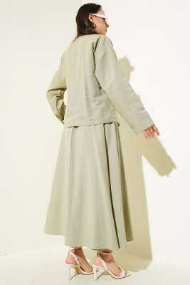 Yandan İp Bağlamalı Etekli Keten İkili Takım Çağla Yeşili - Thumbnail