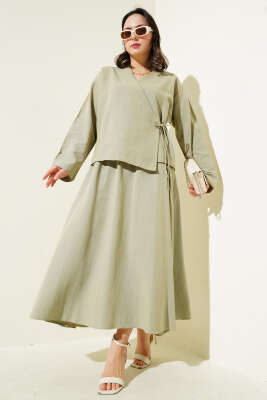 Yandan İp Bağlamalı Etekli Keten İkili Takım Çağla Yeşili - Thumbnail