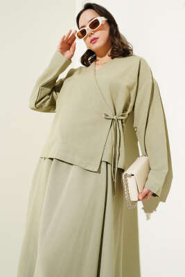 Yandan İp Bağlamalı Etekli Keten İkili Takım Çağla Yeşili - Thumbnail