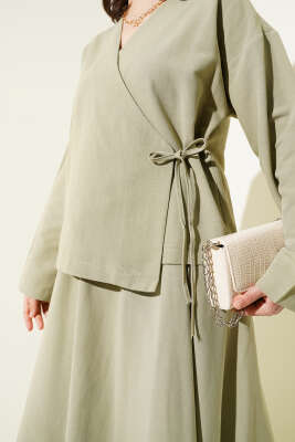 Yandan İp Bağlamalı Etekli Keten İkili Takım Çağla Yeşili - Thumbnail