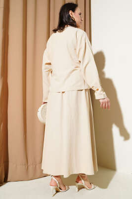 Yandan İp Bağlamalı Etekli Keten İkili Takım Bej - Thumbnail