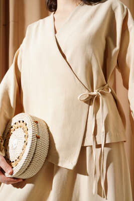 Yandan İp Bağlamalı Etekli Keten İkili Takım Bej - Thumbnail