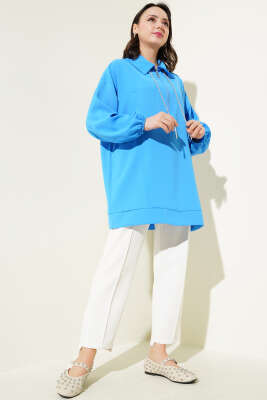 Yarım Fermuarlı Cepli Tunik Mavi - Thumbnail