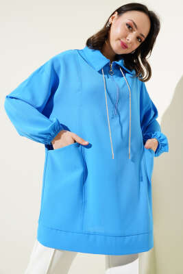 Yarım Fermuarlı Cepli Tunik Mavi - Thumbnail