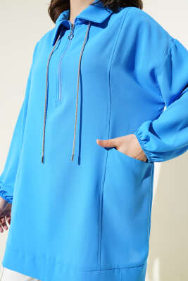 Yarım Fermuarlı Cepli Tunik Mavi - Thumbnail