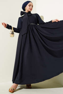 Pazarium - Kuşaklı Garnili Mevlana Elbise Lacivert