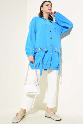 Kapüşonlu Cep Taşlı Kap Mavi - Thumbnail