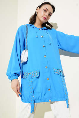 Pazarium - Kapüşonlu Cep Taşlı Kap Mavi