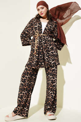 Pazarium - Leopar Desenli Bürümcük Kimono İkili Takım Leopar