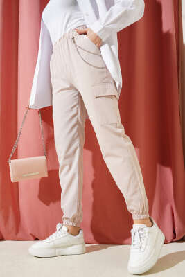 Pazarium - Paça Lastikli Zincirli Kargo Pantolon Taş