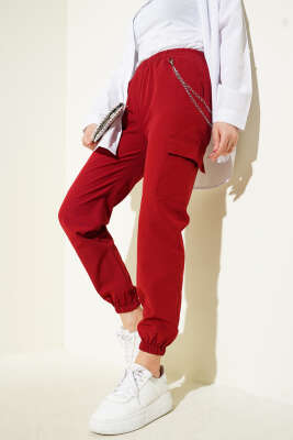 Pazarium - Paça Lastikli Zincirli Kargo Pantolon Bordo