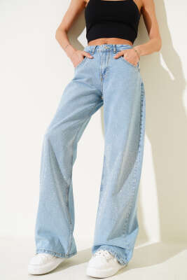 Taş Süslemeli Salaş Palazzo Kot Pantolon Açık Kar - Thumbnail