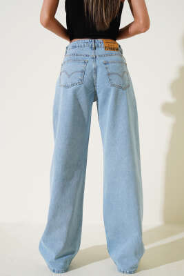 Taş Süslemeli Salaş Palazzo Kot Pantolon Açık Kar - Thumbnail