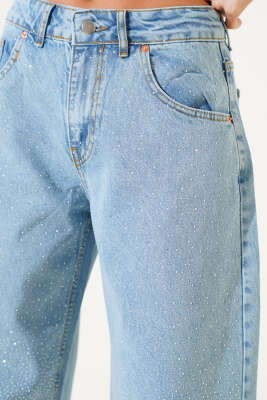 Taş Süslemeli Salaş Palazzo Kot Pantolon Açık Kar - Thumbnail