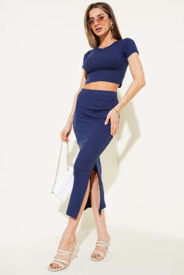 Pazarium - Yırtmaç Detaylı Kaşkorse Crop Etek Takım Lacivert