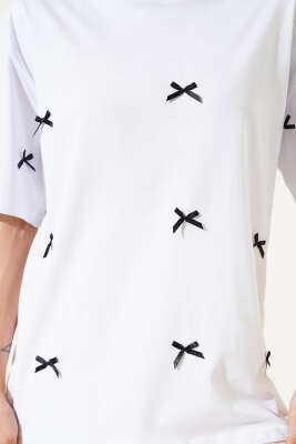 Fiyonk Detaylı T-shirt Beyaz - Thumbnail