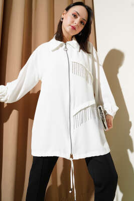 Pazarium - Püskül Taşlı Fermuarlı Kap Ekru