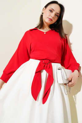 Kemer Tokası Detaylı Bluz Kırmızı - Thumbnail