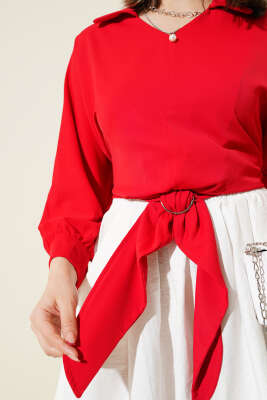 Kemer Tokası Detaylı Bluz Kırmızı - Thumbnail