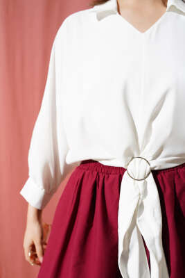 Kemer Tokası Detaylı Bluz Beyaz - Thumbnail