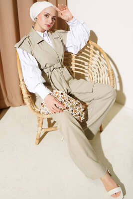 Pazarium - Omuz Apoletli Kuşaklı Yelekli İkili Takım Taş