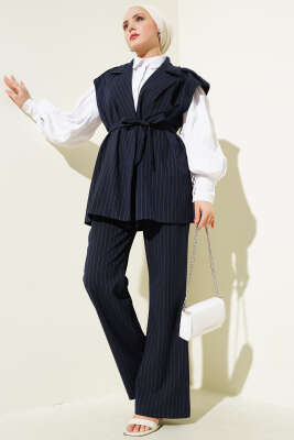 Pazarium - Omuz Apoletli Kuşaklı Yelekli İkili Takım Lacivert