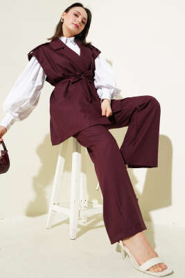 Pazarium - Omuz Apoletli Kuşaklı Yelekli İkili Takım Bordo