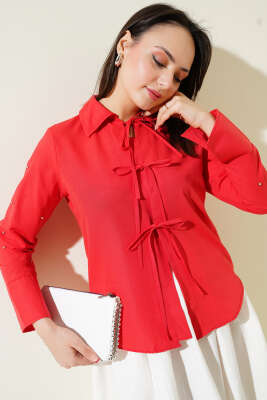 Pazarium - Kol Taşlı Bağcıklı Kısa Gömlek Kırmızı