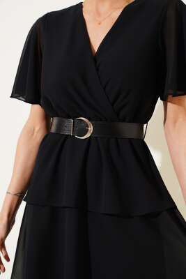 Kemerli V Yaka Şifon Mini Elbise Siyah - Thumbnail