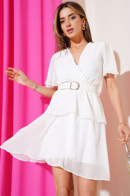 Pazarium - Kemerli V Yaka Şifon Mini Elbise Beyaz