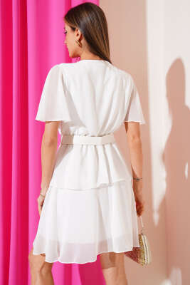 Kemerli V Yaka Şifon Mini Elbise Beyaz - Thumbnail