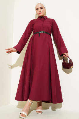 Gizli Yarım Düğmeli Kemerli Poplin Elbise Bordo - Thumbnail