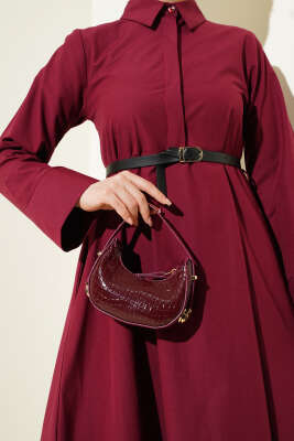 Gizli Yarım Düğmeli Kemerli Poplin Elbise Bordo - Thumbnail