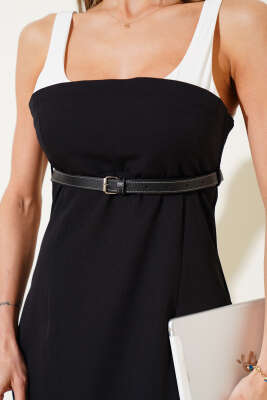 Kemerli Mini Elbise Siyah - Thumbnail