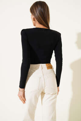 Omuz Vatkalı Kruvaze Yaka Bodysuit Siyah - Thumbnail