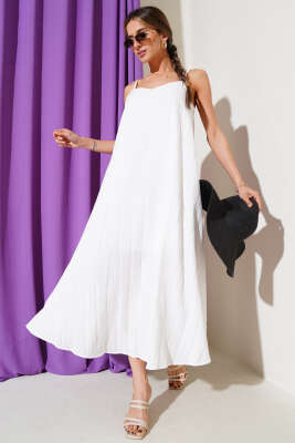Pazarium - İp Askılı Ağaç Kabuğu Midi Elbise Beyaz