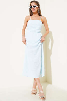 Pazarium - Pitikare Desen Askılı Elbise Mavi