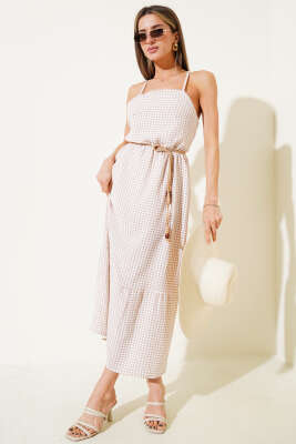 Pazarium - Pitikare Desen Askılı Elbise Latte